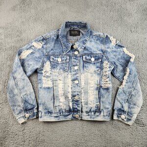 Women's Y2K Blue Jean Denim Jacket Acid Washed Shredded Junior's Large Grunge